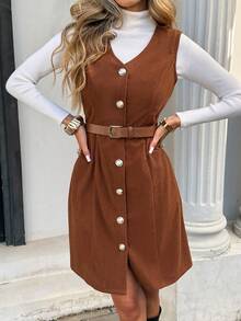 SHEIN Frenchy French Retro Corduroy Vest Dress For Women, New Spring/Summer Style, Elegant And Slimming V-Neck Button-Down Waist Dress. Women's Solid Color V-Neck Sleeveless Corduroy Elegant Short Dress Summer ,Spring ,Valentine's Day, Beach , Wedding,Birthday,Going Out, Elegant , Casual, Vacation, Brown Holiday Resort - Brown - View 4