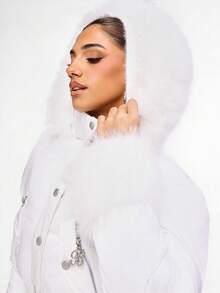 BABYPHAT Luxury Faux Fur Hood Puffer Coat Winter Quilted Down Jacket With Decorative Zipper Details And Rhinestone Accents For Cold Weather