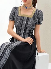 Al Najma Women's Geometric Print Square Neck Puff Sleeve Waist Tie Elegant Arabic Style Dress - Black - View 1