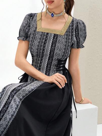 Al Najma Women's Geometric Print Square Neck Puff Sleeve Waist Tie Elegant Arabic Style Dress