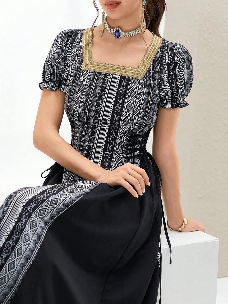 Al Najma Women's Geometric Print Square Neck Puff Sleeve Waist Tie Elegant Arabic Style Dress - Black - View 1