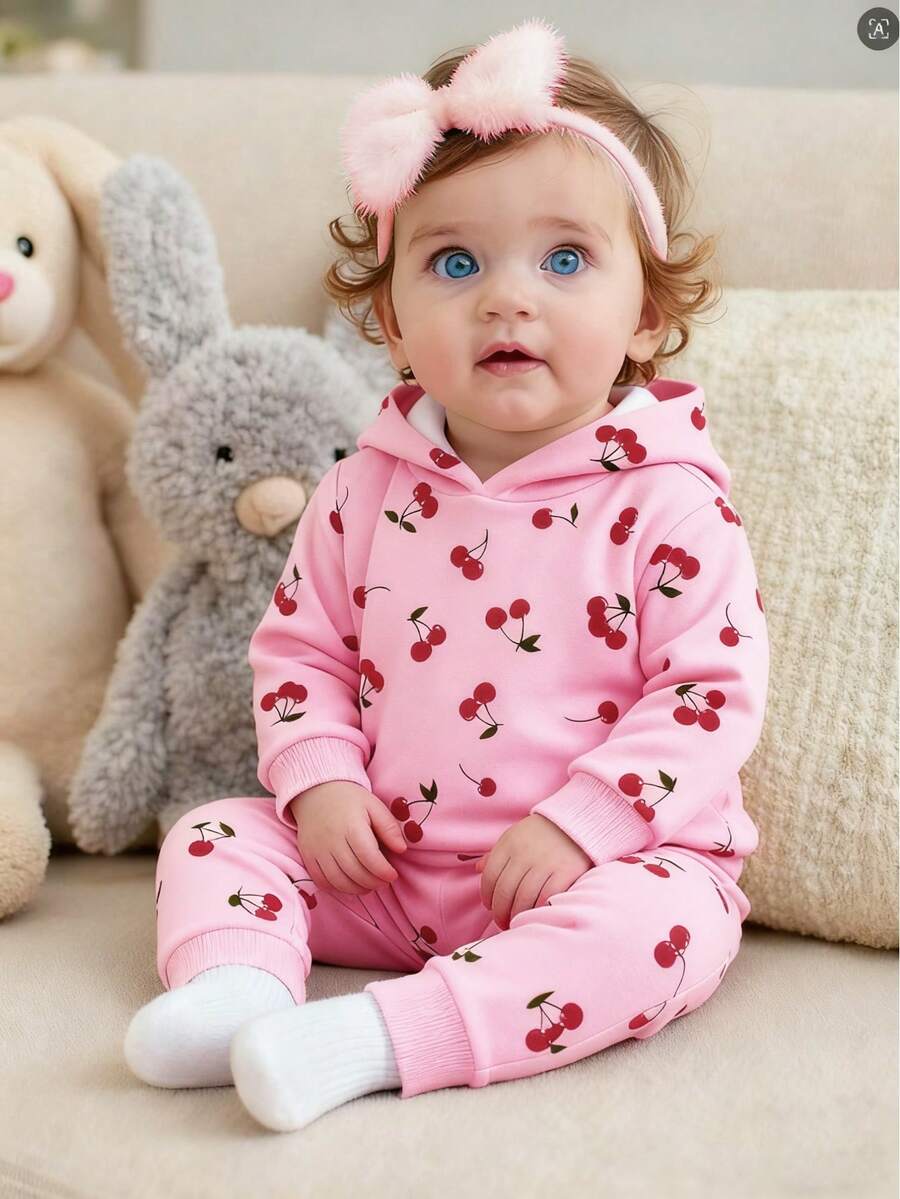 2pcs/Set Baby Girl Cherry Print Digital Printing Pink Hooded Long Sleeve Knit Sweatshirt, Cherry Print Pink Pants Set, Suitable For Autumn/Winter/Spring, Fits 6 Months To 2-3 Years Old, Baby Girl Casual Daily Wear Hooded Long Sleeve Sweatshirt And Pants Set - Multicolor - View 1