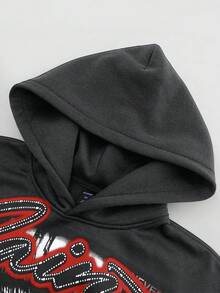 ROMWE MEN Street Life 男士连帽卫衣，休闲街头风，流行美式眼睛图案印花短款连帽衫，秋冬款 - 深灰色 - 查看 5