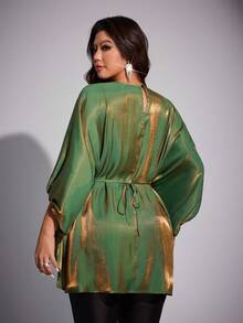 Viva Relle Plus Size Women's Elegant Date Night, Party, Daily, Commute, Music Festival Bat Wing Tie Waist Shiny Fabric Ruffle Design Blouse - Mint Green - View 3