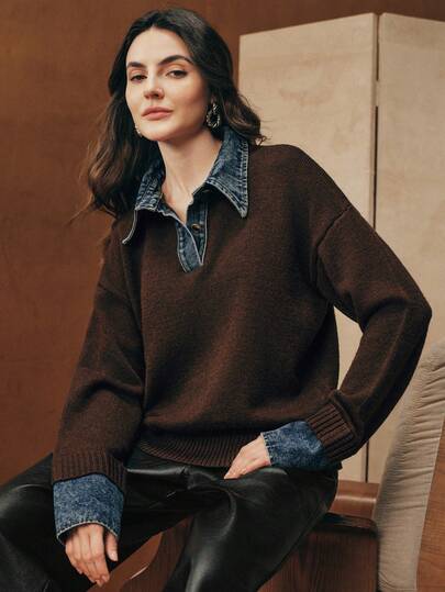 Anewsta Suéter elegante de mujer de manga larga con parches de unicolor de mezclilla