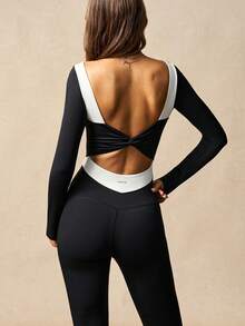 VARSIVA Women's Black And White Color Block Long-Sleeved Jumpsuit With Knotted Ballet Style, Elegant Long Sleeves, Crossover, Simple Casual Jumpsuit, Fitness Wear, Suitable For Yoga Fitness, Spring, Autumn And Winter - Multicolor - View 8