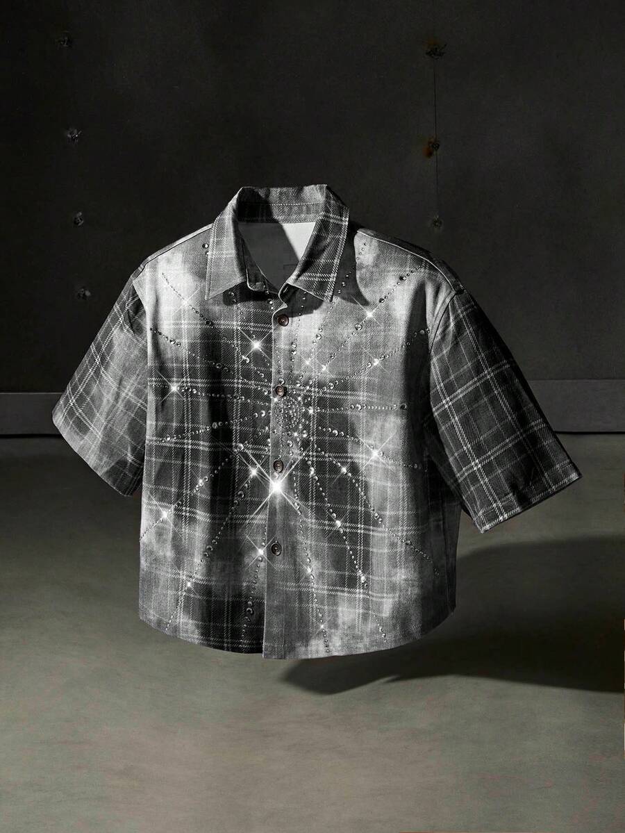 NEON BLANC Áo sơ mi denim tay ngắn, đơn hàng khuy đơn, họa tiết kẻ caro đính đá cho nam - màu đen - Xem 1