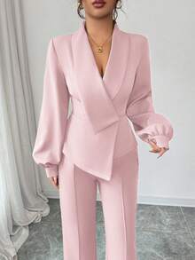 Elenzga Ensemble femme élégant et décontracté pour le travail, les vacances, le thé de l'après-midi. Comprend un blazer asymétrique à col croisé avec manches lanternes et un pantalon évasé à taille élastique. Convient pour le printemps, l'automne et l'hiver. - Rose pâle - Voir 4