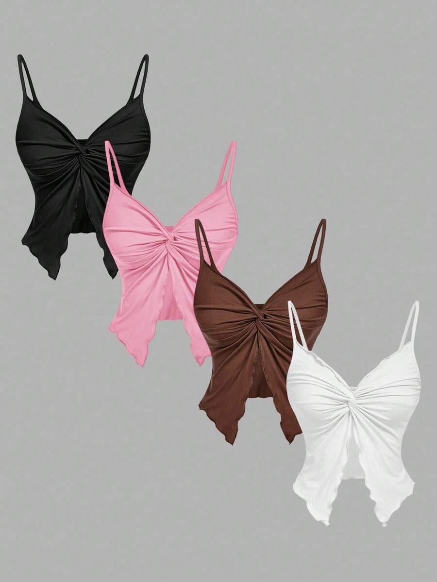 SHEIN MOD Bộ 4 áo ba lỗ hai dây đan chéo phía trước, màu trơn, dùng cho đi nghỉ và đi làm hàng ngày dành cho nữ, đa năng - Màu Hồng Tươi - Xem 1