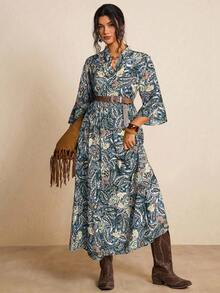 Freevana Plus Size Paisley Print Ruffle Hem Casual Vacation Dress - Dark Green - View 5