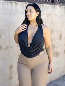 Truni Women's Plus Size Draped Front Backless Halter Bodysuit, Beach Outfits For Woman Beach Vacation Outfits, Spring Outfits For Women, Summer Outfits For Women, Concert Outfit Women, Rave Outfits Festival, Streetwear For Women, Graduation Outfit Women, For Pear Triangle Body Shape - Black - View 4