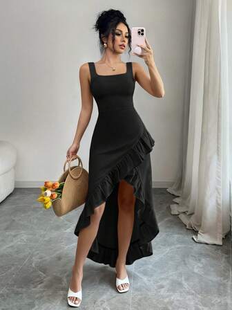 Rafferiza 女士方领荷叶边高低连衣裙