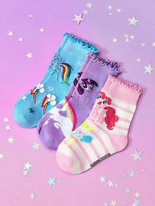 My Little Pony X SHEIN 3双装女童纯棉柔软透气吸湿儿童中筒袜，彩色条纹可爱卡通图案，加固趾部和后跟，经久耐穿，四季皆宜，适合学校和户外活动，夏季和冬季均可穿着。 - 彩色 - 查看 7