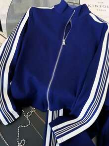 Franclia Fitted Stand Collar Cardigan + Casual Slant Pocket Pants - Blue - View 3