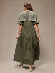 WESTFADE 航海风刺绣领结泡泡袖100%纯棉府绸层叠中长连衣裙，适合秋季、冬季穿着，休闲可爱，适合度假，波西米亚风 - 軍綠色 - 查看 4