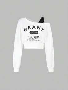SHEIN Unity Slogan Graphic Asymmetrical Neck Drop Shoulder Crop Sweatshirt GRANT 1996 TOURISM KEEP YOUR FEET ON YOUR TRACK,Long Sleeve Tops Graduation,Back To School Outfits,Graduation,Teacher Outfits For Women,Back To School Pullover Fall Outfit - White - View 1