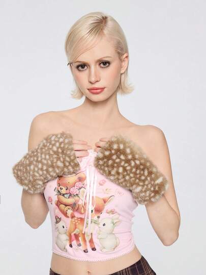 Goth 1 Pair Ins Casual Versatile Exquisite Fashion Cute Lazy Retro High-Quality Autumn/Winter Plush Warm Camel Faux Mink Deer Dot Ombre Animal Print Gloves, Fingerless Gloves Combo Set, Suitable For Women Daily Outfit, Holiday Gift