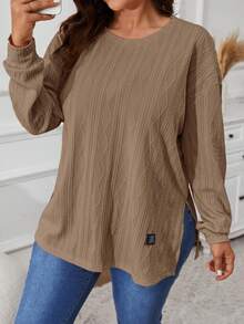 SHEIN VCAY Kaos Lengan Panjang Kasual Serbaguna dengan Belahan dan Aplikasi untuk Ukuran Plus, Kerah Bulat, dan Kasual - Khaki - View 5