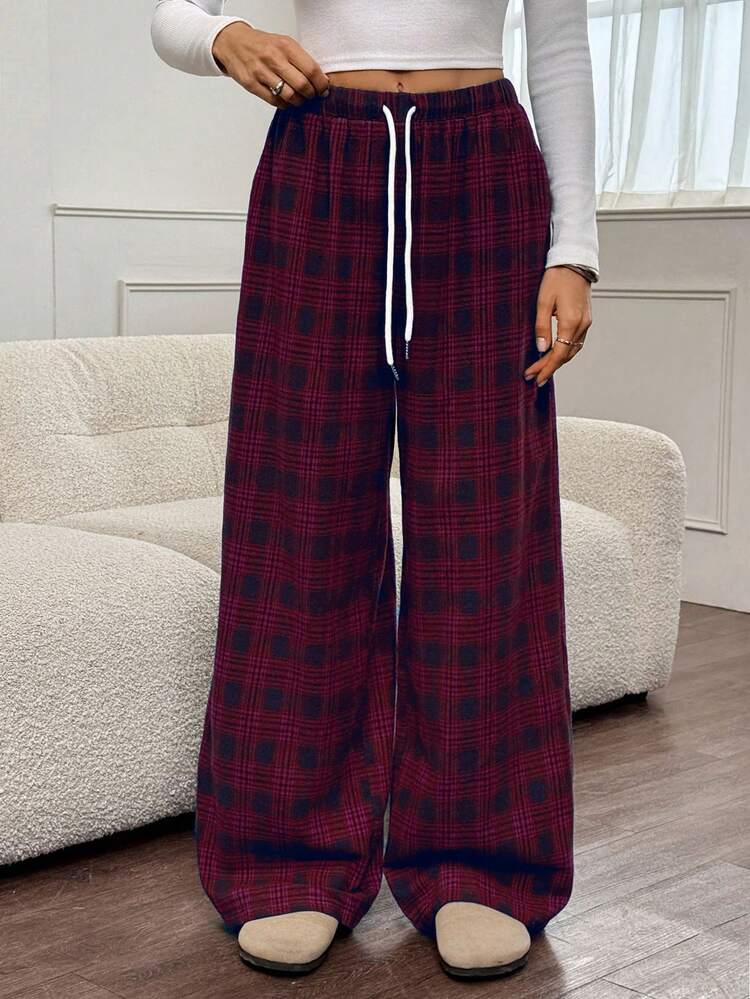 SHEIN Tall 女士格子撞色宽松阔腿裤，适合秋冬季穿着 - 彩色 - 查看 4