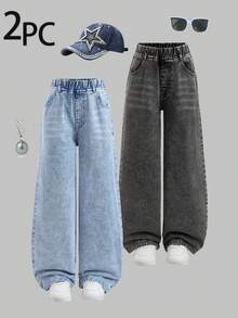 SHEIN ChillGRL 2件組青少年女孩寬鬆寬腿牛仔褲套裝，柔軟丹寧，鈕扣腰頭，淺藍色，夏季街頭風校園開學休閒百搭長褲 - 彩色 - 查看 1
