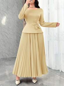 Modelyn Women's Elegant Square Collar Floral Decor Pleated Hem Dress, Spring/Autumn - Butter Yellow - View 3