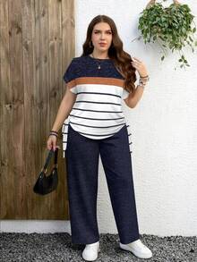 EMERY ROSE Nautical Striped Print Casual Minimalist Pattern Plus Size 2 Pieces Set, Suitable For Spring/Autumn - Multicolor - View 3