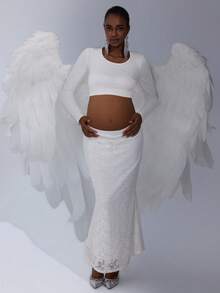 Cheriluna Maternity Maternity Lace Long Sleeve Maxi Dress, 2pcs Set For Pregnancy Photo Shoot - White - View 4