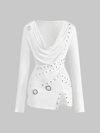 Grunge Punk Top à manches longues ajusté avec encolure plongeante, ourlet fendu et design de œillets vintage punk en métal