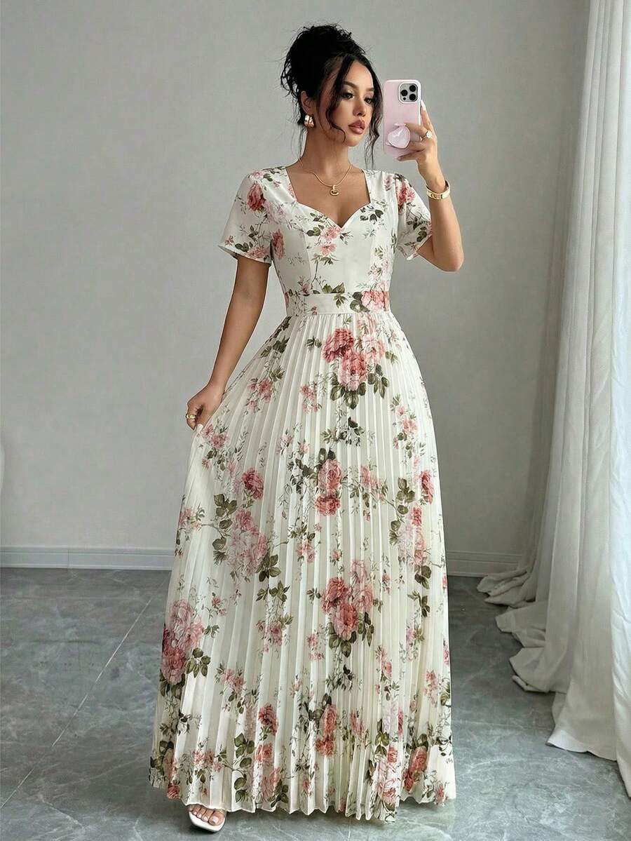 SHEIN Elenzya 优雅印花荷叶边A字连衣裙，心形领口和收腰设计，浪漫精致，适合花园派对 - 彩色 - 查看 1