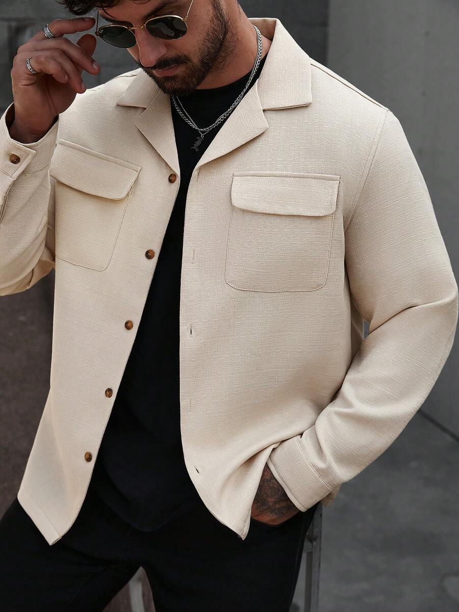 Manfinity CasualCool Plus Size Men's Casual Fashion Street Style Simple Solid Color Lapel Collar Flap Pocket Shacket, Autumn Beige Men Cream Button Up Men Long Sleeve Button Up Shacket Casual Shirt With Two Pockets Long Sleeve For Men - Apricot - View 1