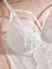 Romantic Lace Detail Steel Hoop Sexy Bodysuit Bridal Lingerie, Rave - White - View 5