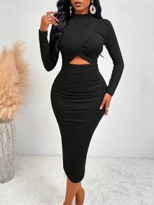 SOLERSUN 女士纯色简约休闲镂空长袖连衣裙长裙套装 - 黑色 - 查看 4