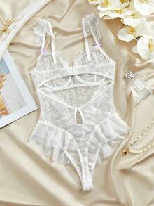 Romantic Lace Underwire Solid Color Bow Decor Sexy Bodysuit - White - View 2
