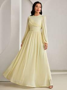 Veilorie 新款褶裥收腰优雅飘逸日常连衣裙，适合派对和度假 - 黃色 - 查看 4