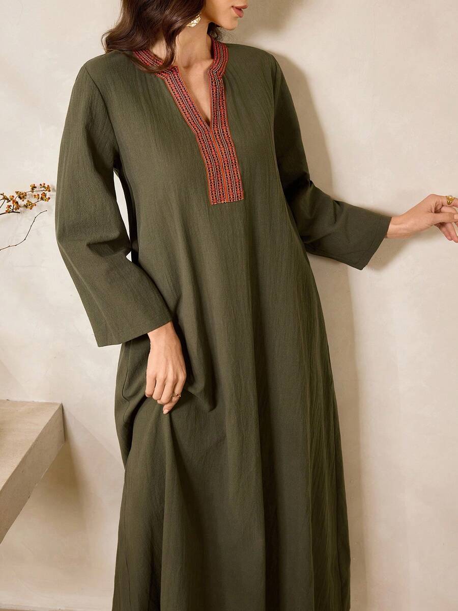 SHEIN Najma Váy Maxi Thổ Nhĩ Kỳ rộng rãi cổ chữ V tay raglan dành cho nữ, phong cách truyền thống Ả Rập - màu xanh lá - Xem 1