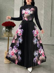 Modelyn 女士印花立领长袖上衣和百褶中长裙两件套 - 黑色 - 查看 7