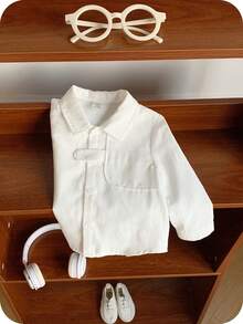 SHEIN Ropa de bebé niño, blusa de manga larga tejida de cuello blanco versátil y casual, estilo minimalista básico y cómodo, adecuado para primavera, verano, otoño, invierno, interior, exterior, diario, deportes, fiesta, sesión de fotos, festival, ropa de calle, Navidad, Año Nuevo, regreso a la escuela, camisa de bebé con botones - Blanco - Ver 7