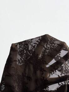 SHEIN PETITE 女士黑色蕾丝连体衣：无肩带无袖针织薄纱花卉内衣上衣 - 棕色 - 查看 7