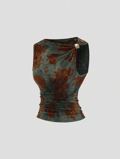 Sweetra 女士休闲花卉印花金属装饰背心