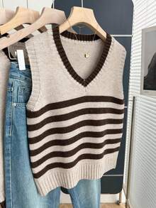 Franclia 休闲宽松V领无袖针织撞色条纹毛衣背心，秋冬款 - 卡其色 - 查看 5