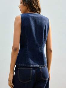 Maija 女士纯色V领无袖短款牛仔上衣 - 深色水洗藍 - 查看 4