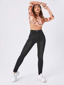 SHEIN ICON Plus Size Women's Vintage Washed Denim Jeans, Spring/Summer - Black - View 3