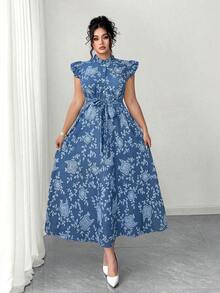 Elenzga Elegant Blue Floral Midi Dress For Women Stand Collar Ruffle Cap Sleeve A Line Flared Random Print Plus Size - Blue - View 4