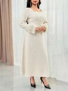 Modelyn Women's Solid Color Square Neck Faux Fur Patchwork Elegant Long Sleeve Midi Dress - Apricot - View 5