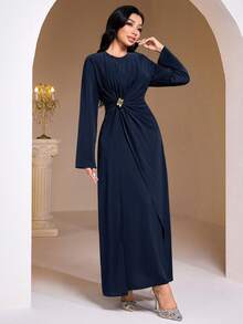 Veilorie Nuevo vestido de fiesta elegante con mangas largas, fruncido y decoración de botones metálicos