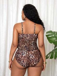 Slaydiva Plus Size Women Leopard Print V-Neck Ruched Swimwear Set,Tummy Control Animal Print Bathing Suit,Tie Dye,Summer,Beach,Vacation,Holiday,Curvy Swim - Multicolor - View 2