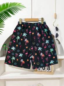 SHEIN 青少年男童抽绳腰带热带植物火烈鸟印花沙滩短裤泳装男童泳裤沙滩短裤热带印花短裤男童印花短裤男士泳裤青少年泳裤火烈鸟沙滩短裤青少年男童沙滩装火烈鸟沙滩短裤 - 黑色 - 查看 2