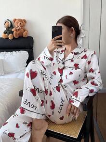 SHEIN 仿丝绸心形字母印花翻领长袖睡衣套装，冬季服装 - 白色 - 查看 5