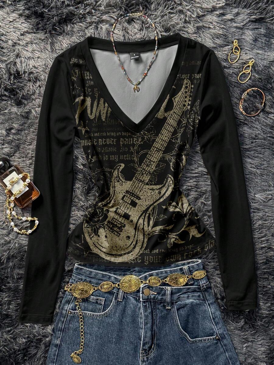Attitoon 女士休闲复古深V领修身长袖T恤，适合Y2K、Grunge、吉他印花风格 - 彩色 - 查看 1