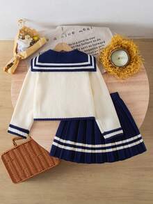 Navy Blue School Girl 2pcs Set, Autumn Back-To-School Outfit, Knitted Cardigan With Sailor Collar And Pleated Skirt, Japanese School Uniform For Young Girls - Royal Blue - View 2
